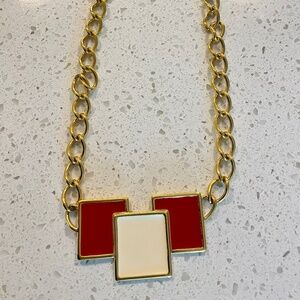 Signed Monet Vintage Enamel Necklace, Red and White Squares, 1980s Statement